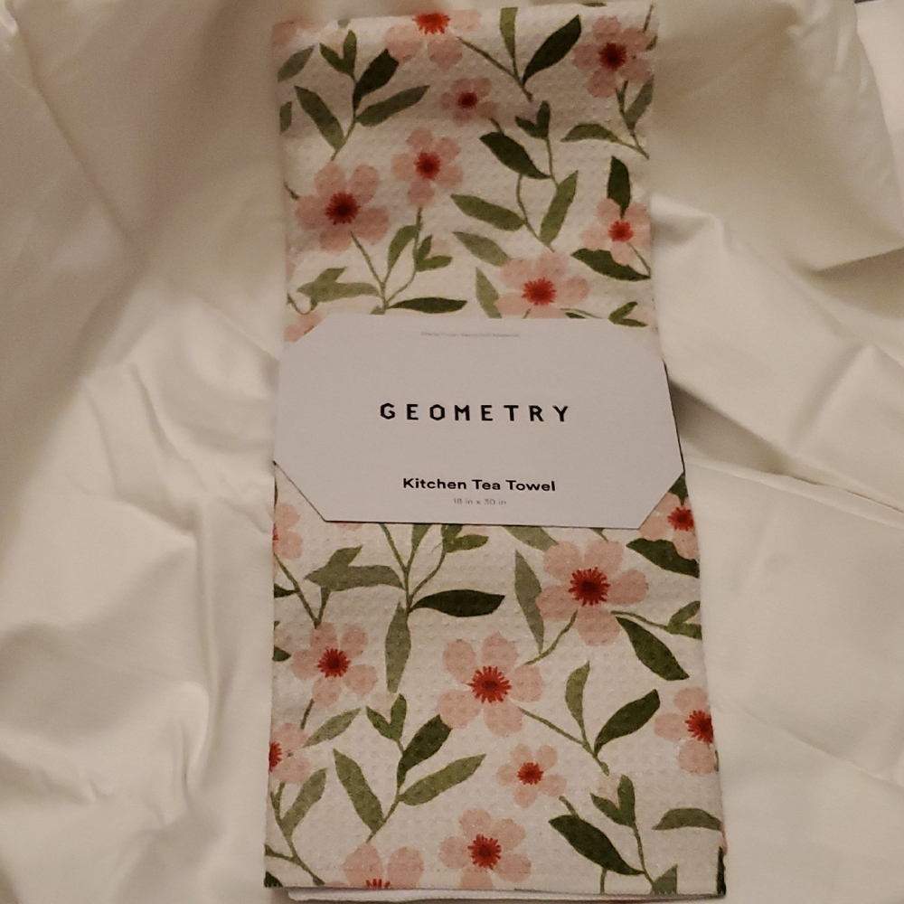 NWT Geometry Kitchen Tea Towel Pink Floral & Green Leaf Design - 18 in x 30 in